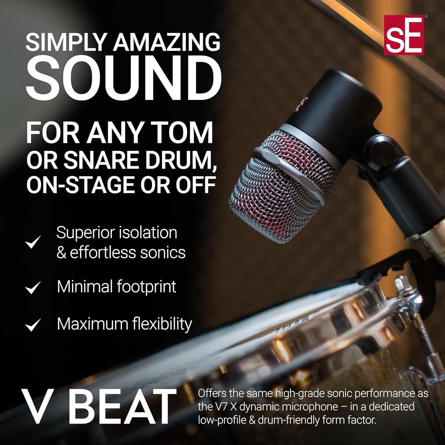SE ELECTRONICS V BEAT Drum Mic - Compact Dynamic Supercardioid Drum Microphone for Toms & Snares with Adjustable Swivel Mount for Precise Positioning - Perfect for Studio & Live Use (Black)