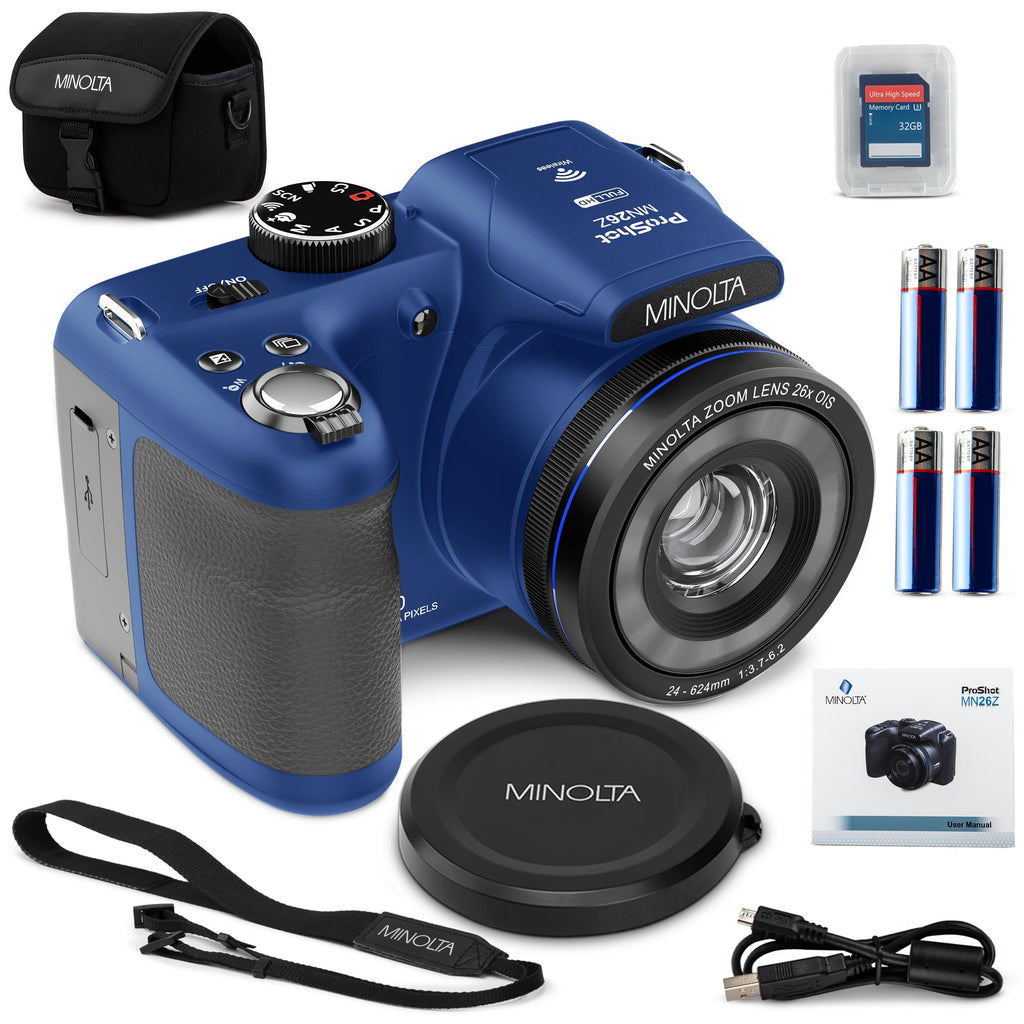 Minolta ProShot 20MP Camera – 26x Optical Zoom Lens, 1080p HD Video, WiFi, 3-inch LCD Screen, Image Stabilization, Face Detection, Scene Modes, Compact Point & Shoot, 32GB Card (Blue)