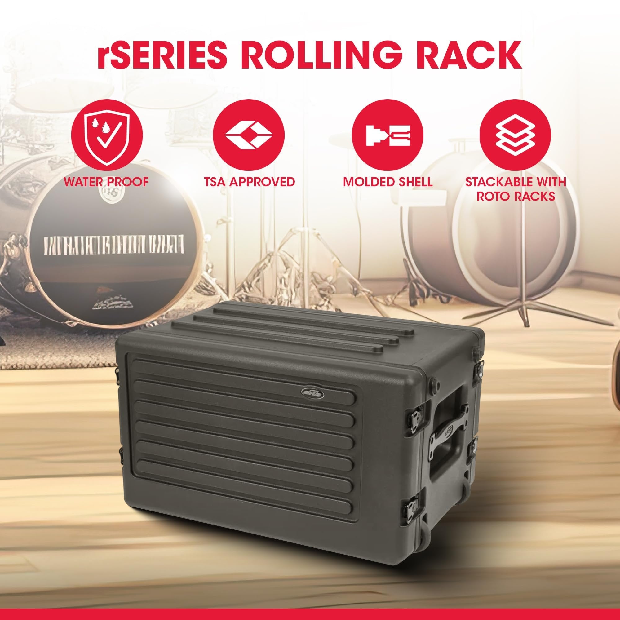 SKB 6U rSeries Shallow Rolling Rack with Integrated Back Wheels and 1-Touch Pull Handle, Comes with 8 Rack Units and Interlocking Molded Stacking Bars
