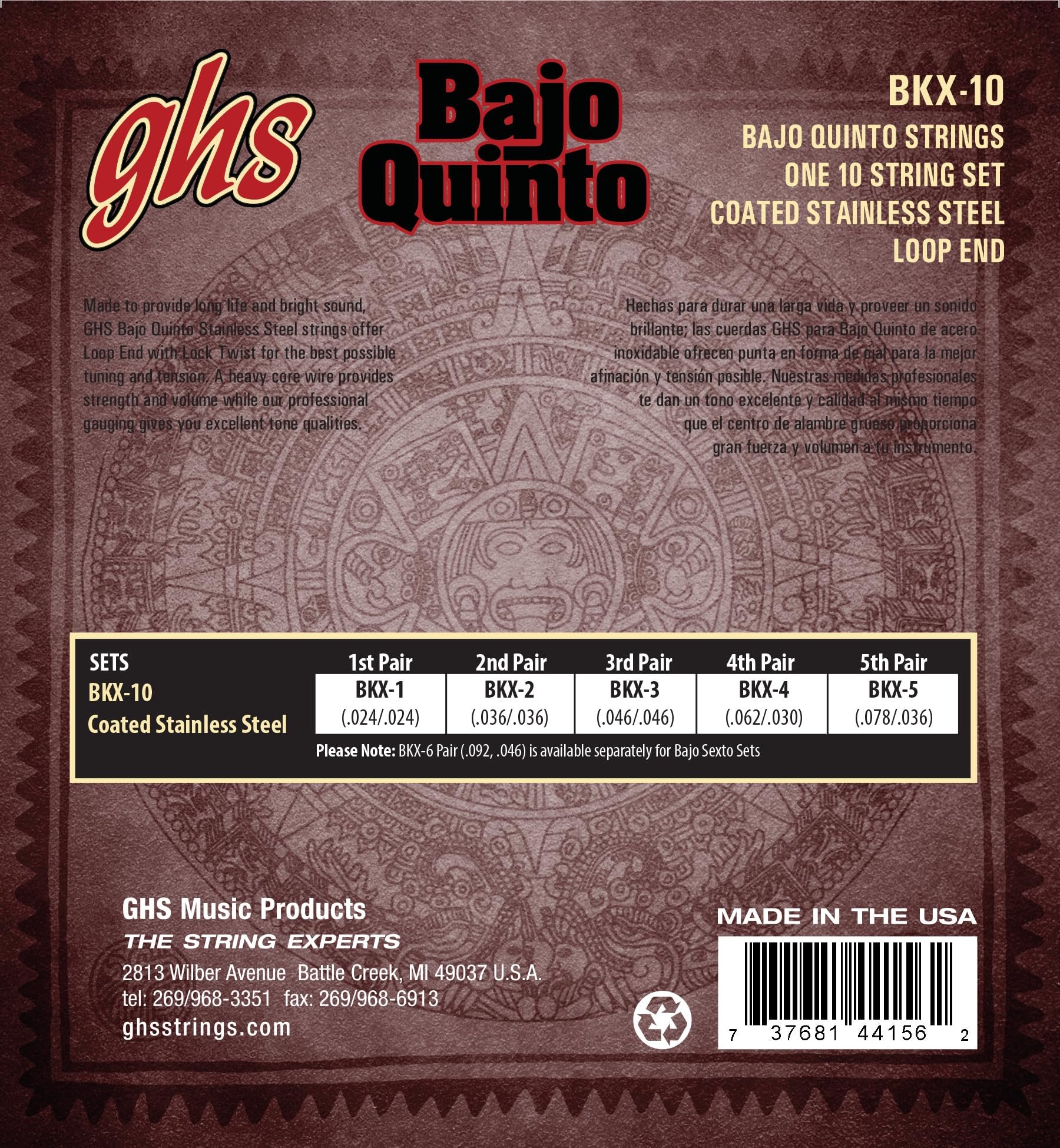 GHS Strings - GHS Bajo Quinto "Cuerdas Negras" Black Coated Stainless Steel Strings - Bajo Quinto Strings - (BKX-10 SET)