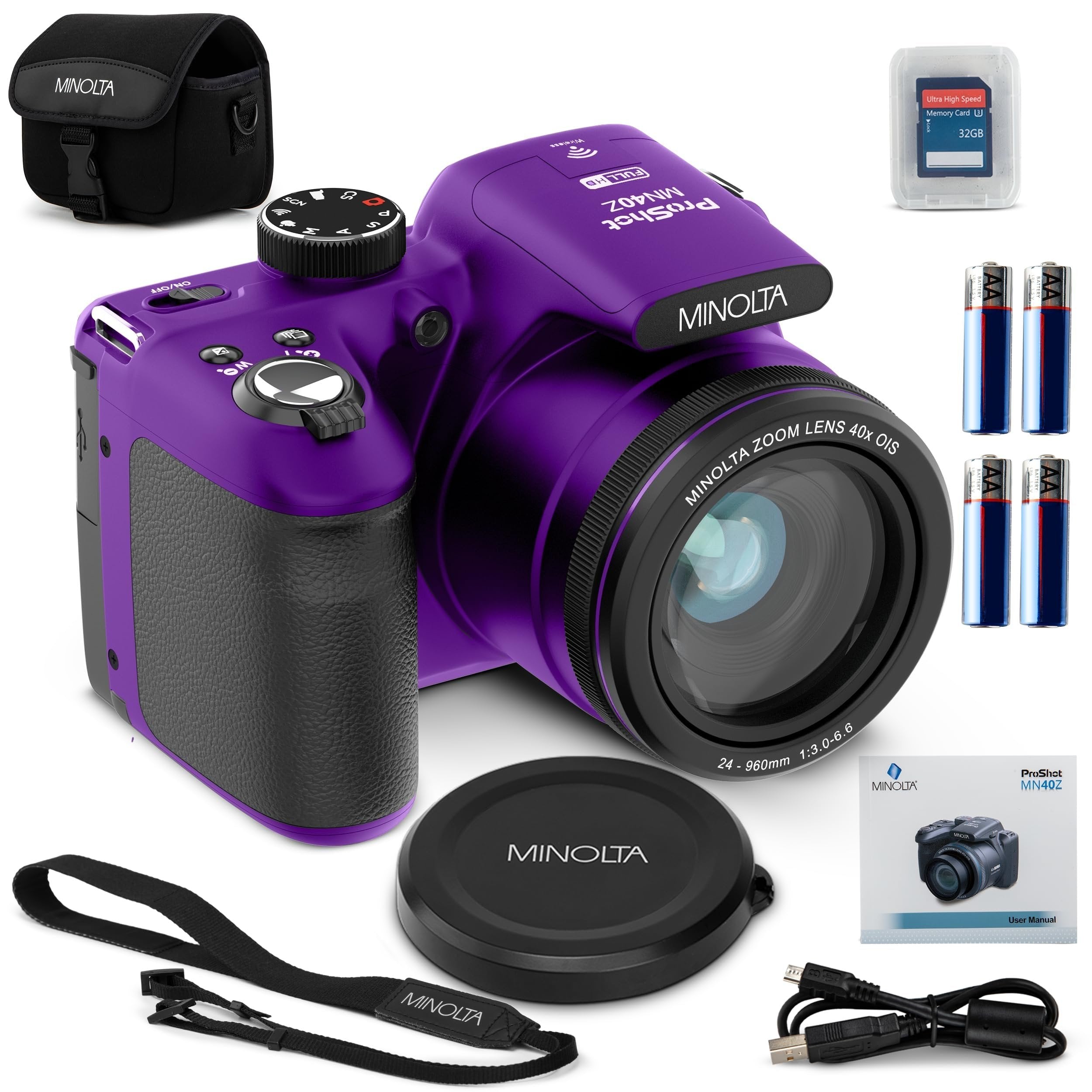 Minolta MN40Z 20MP Digital Camera – 40x Optical Zoom, 1080p FHD Video, 3.0" LCD, Wi-Fi, Face/Smile/Blink Detection – Purple