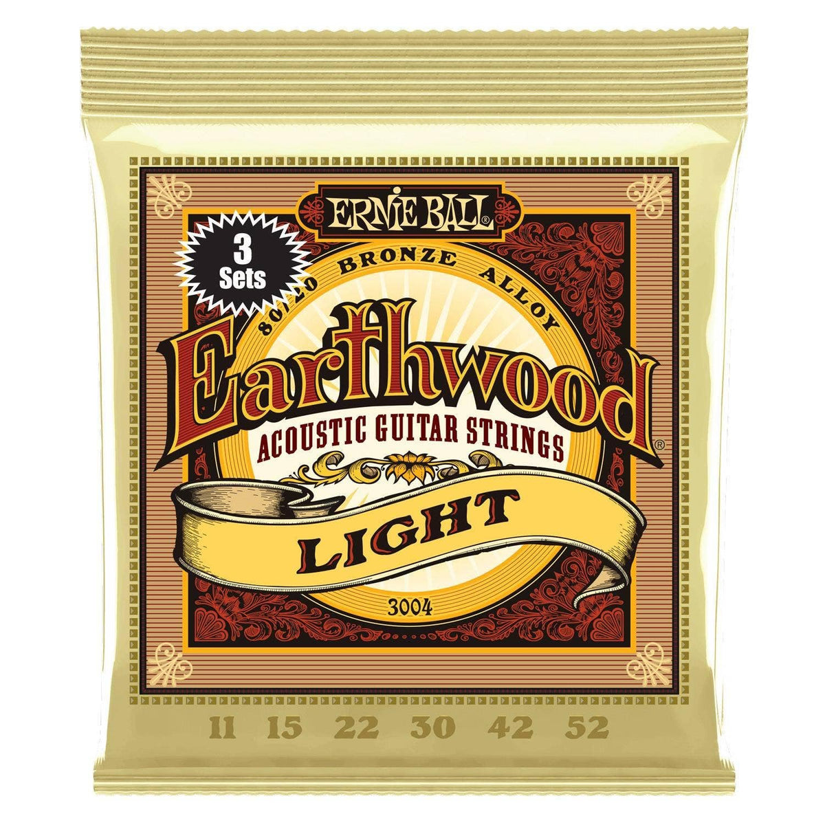 Ernie Ball Earthwood Light 80/20 Bronze Acoustic Guitar Strings 3-pack, 11-52 Gauge (P03004)