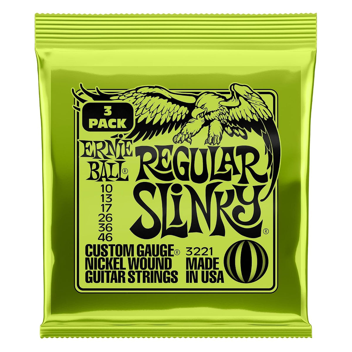 Ernie Ball Regular Slinky Nickel Wound Electric Guitar Strings 3-pack, 10-46 Gauge (P03221)