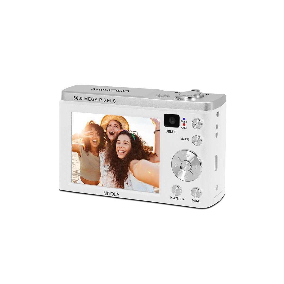 Minolta 56MP Dual Lens Digital Camera – 5X Optical Zoom, 5K Ultra HD Video, CMOS Sensor, 2.8-inch LCD Screen, Stabilization, Selfie Lens, 32GB Card, Rechargeable Battery (White)