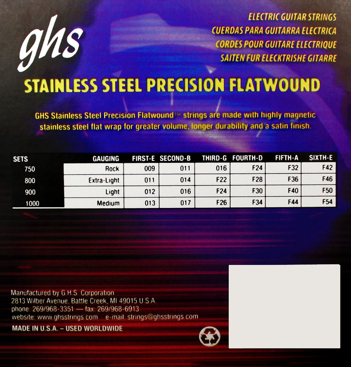 GHS Strings - Precision Flatwound - Electric Guitar Strings - Stainless Steel - High Volume - Polished Smooth - (L) - Light Gauge (900 SET) - 12-50