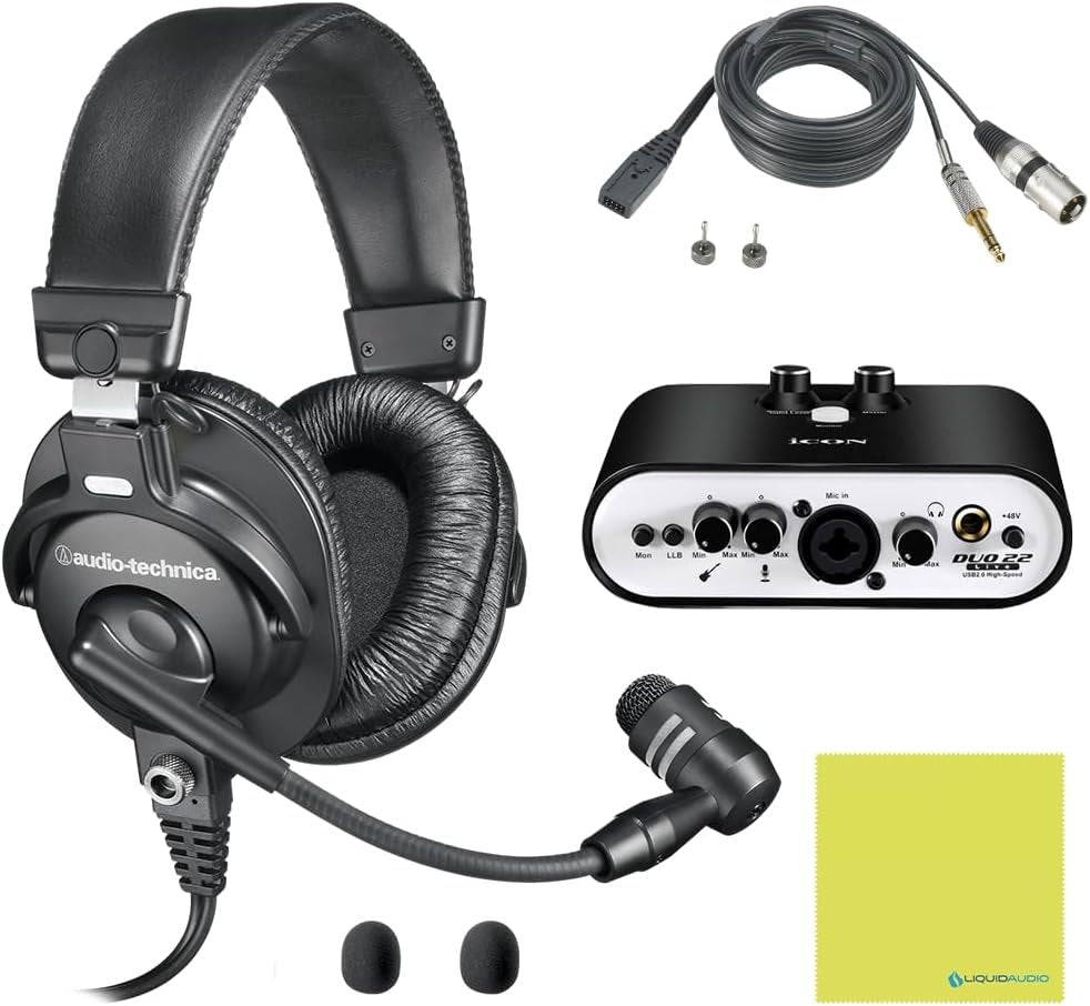 Liquid Audio Audio Technica BPHS1 Broadcast Stereo Headset with Dynamic Boom Mic Bundle with Icon Duo22 Live Audio Interface Polishing Cloth