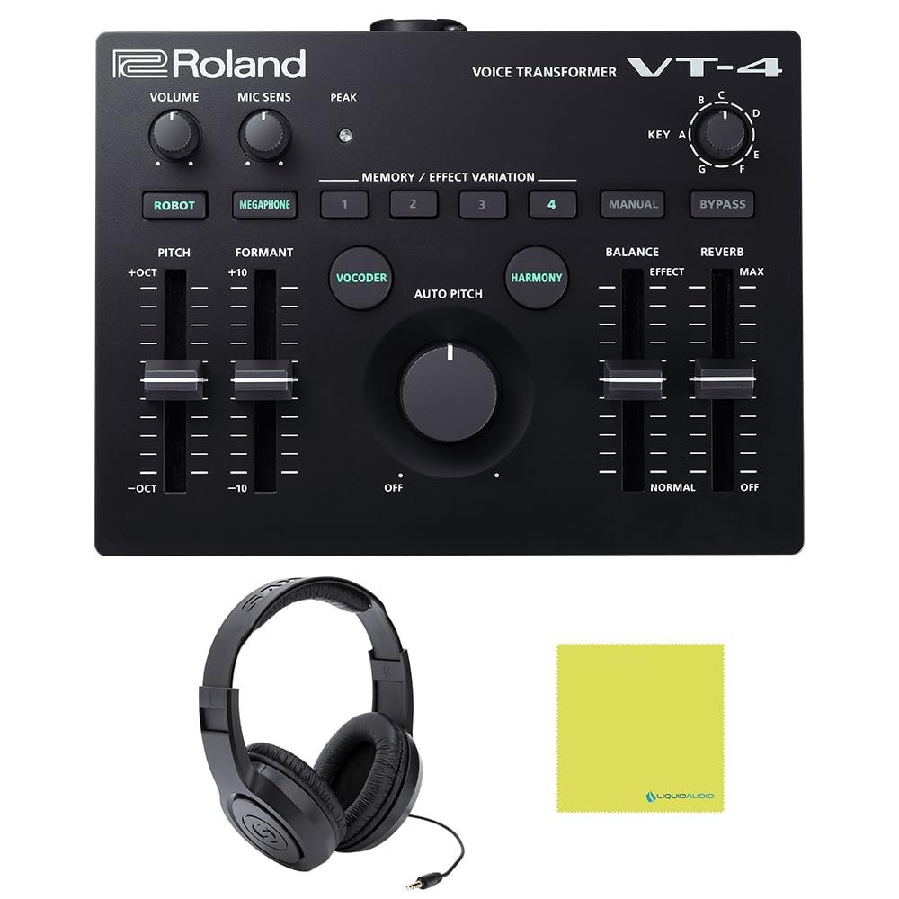 Roland VT-4 Vocal Transformer Bundle with Samson SR350 Over-Ear Stereo Headphones & Polishing Cloth – Voice Effects Processor with Pitch, Harmony, Reverb & Looper Functions
