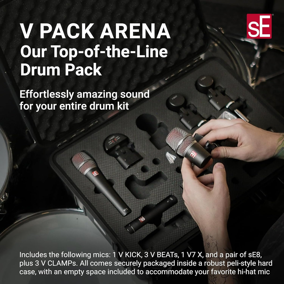 SE ELECTRONICS V Pack Arena Drum Mic Kit for Toms, Snares & Bass Drums - Includes 1 V KICK, 3 V Beats & V Clamps, 1 V7 X Instrument Microphone, Pair of sE8 Condensers & More