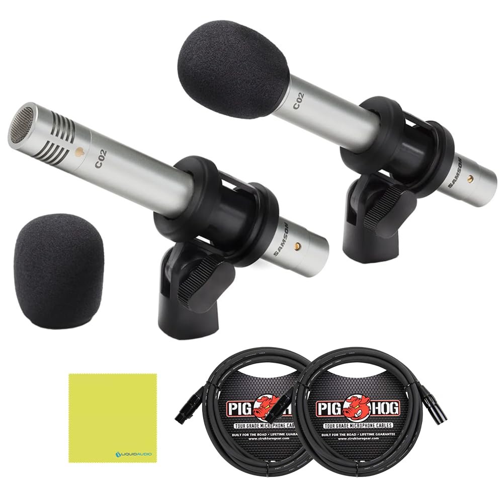 Samson C02 Pencil Condenser Microphones Bundle with 2X 10ft Pig Hog 8mm Tour Grade XLR Mic Cables & Polishing Cloth – Matched Pair for Overheads, Acoustic Instruments & Studio Use