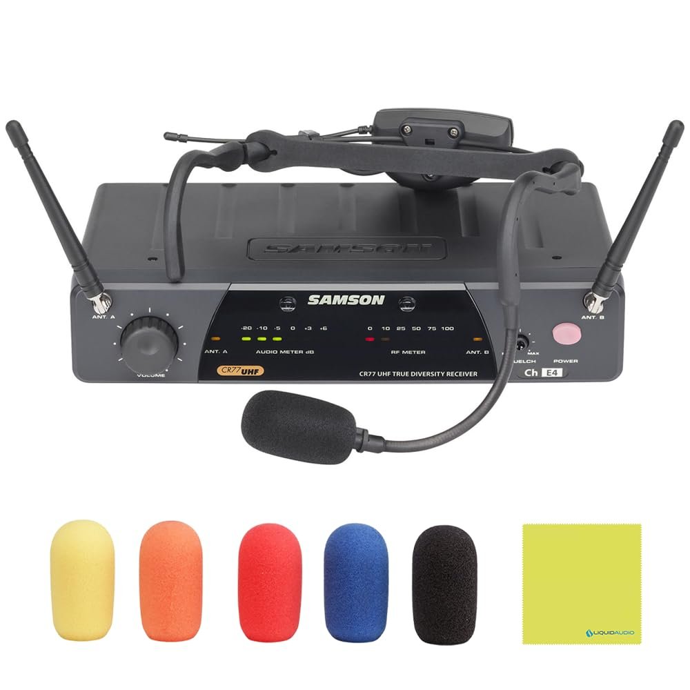 Samson Airline 77 AH7 Fitness Headset Wireless System Channel K3 (492.425 MHz) Bundle with 5 Windscreens and Polishing Cloth – Fitness Instructor Microphone Headset System