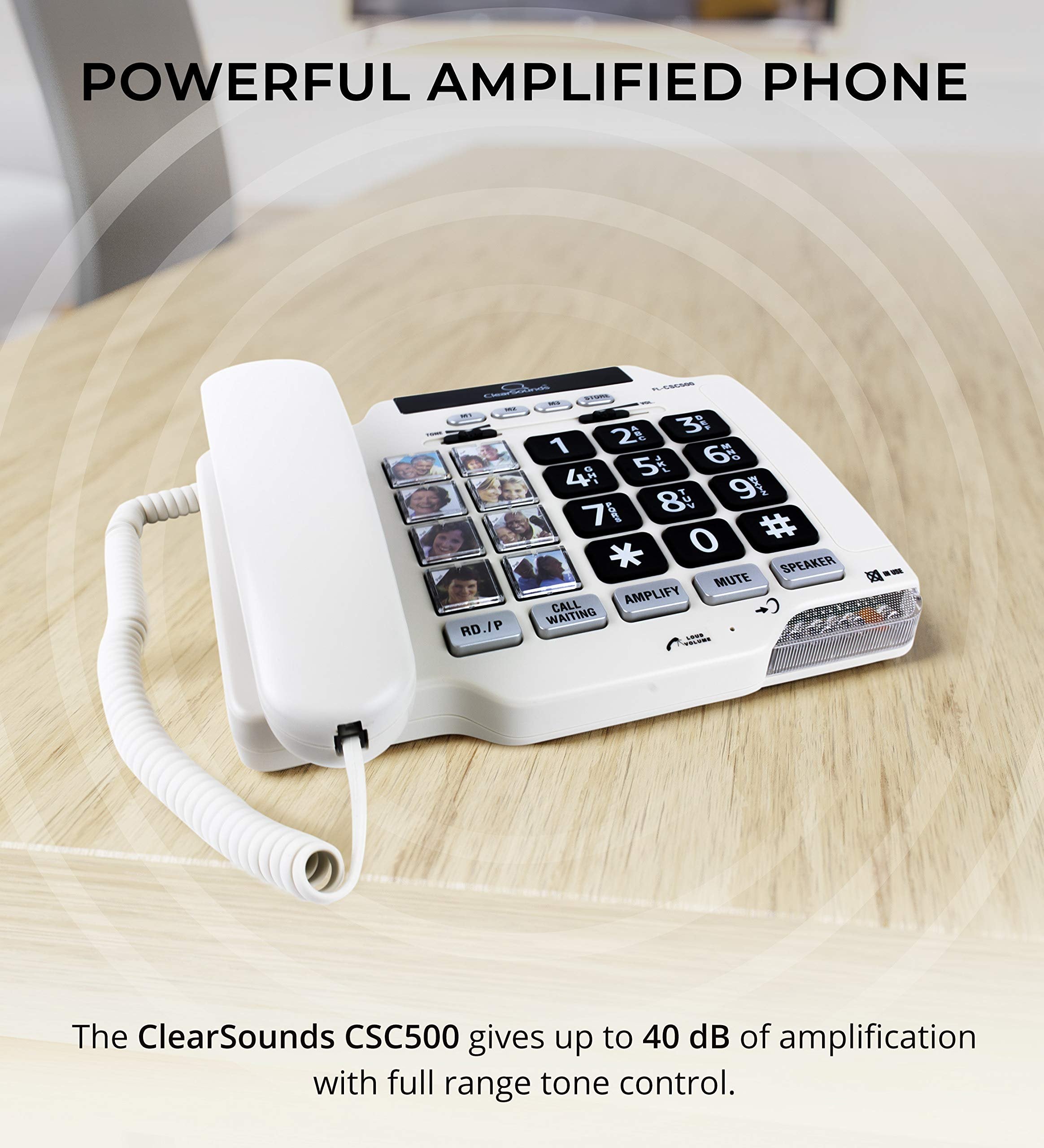 Clear Sounds CSC500 Amplified Landline Phone with Speakerphone and Photo Frame Buttons - Up to 30dB Amplification, T-Coil Hearing Aid Compatible