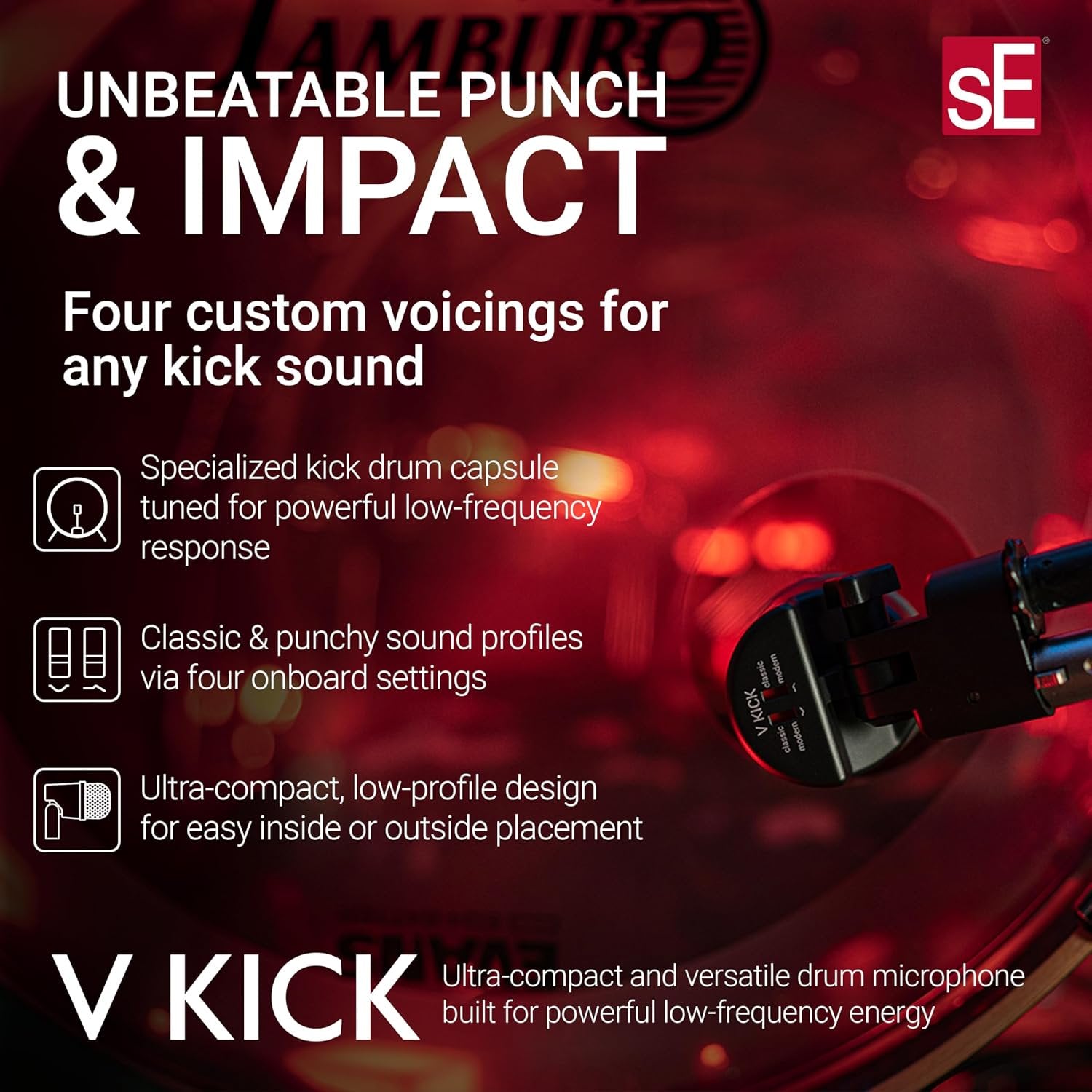 SE ELECTRONICS V Kick Drum Mic - Compact Dynamic Supercardioid Drum Microphone for Kicks with 4 Sound Settings & Adjustable Swivel Mount for Precise Positioning - Perfect for Studio & Live Use (Black)