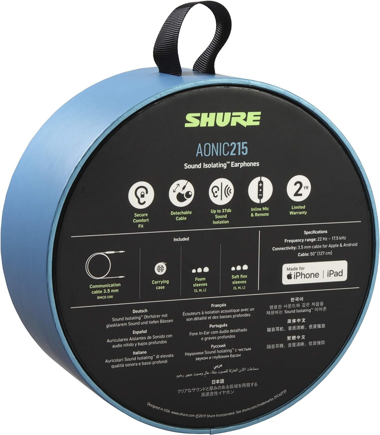 Shure AONIC 215 Wired Earbuds – Sound-Isolating In-Ear, Detachable Cable, Compatible with Apple & Android
