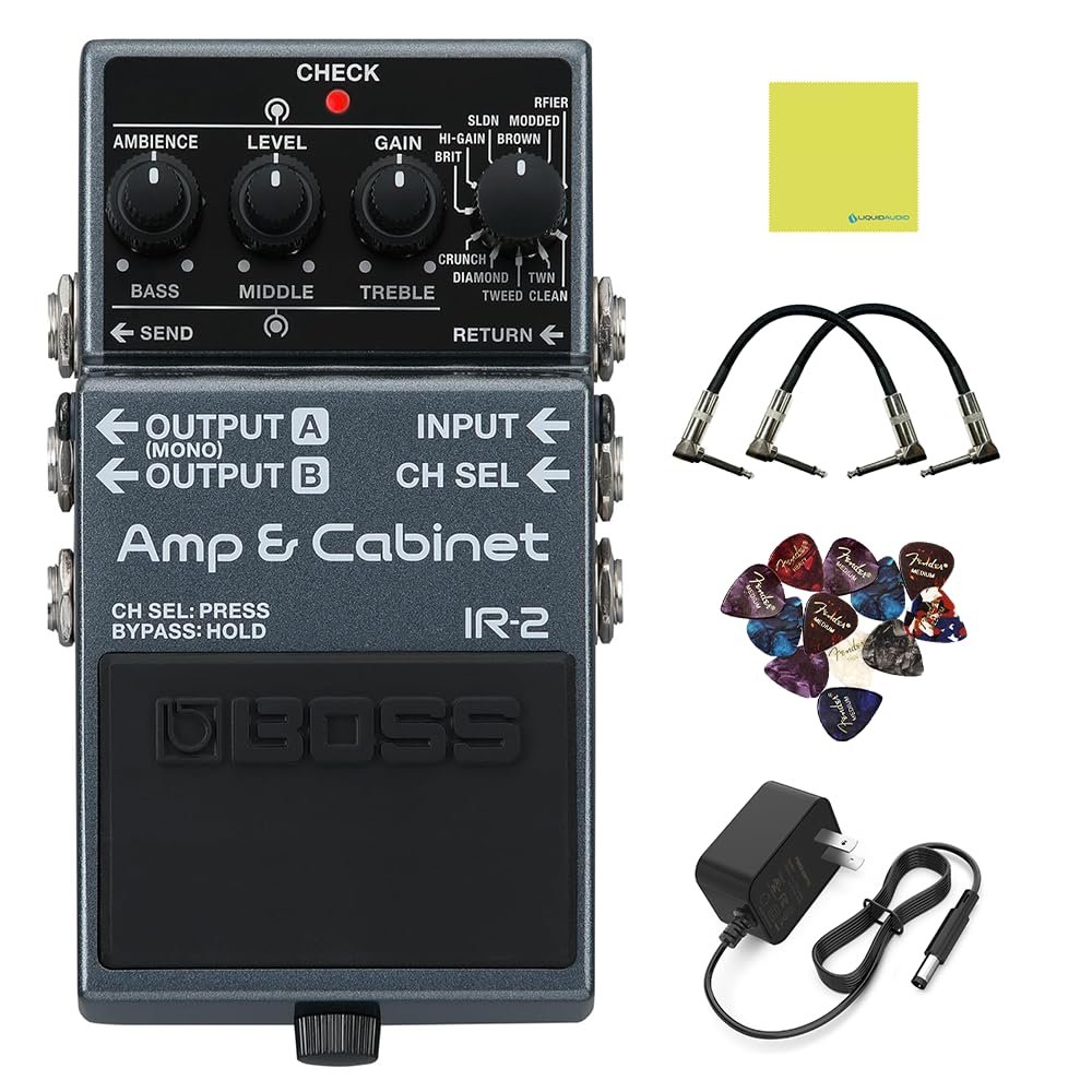 Boss IR-2 Amp & Cabinet Emulator Bundle with 2 Right Angle Patch Cables, 12 Guitar Picks, 9V Power Adaptor & Polishing Cloth – 11 Amp Types, Celestion Cab IRs & USB-C Recording