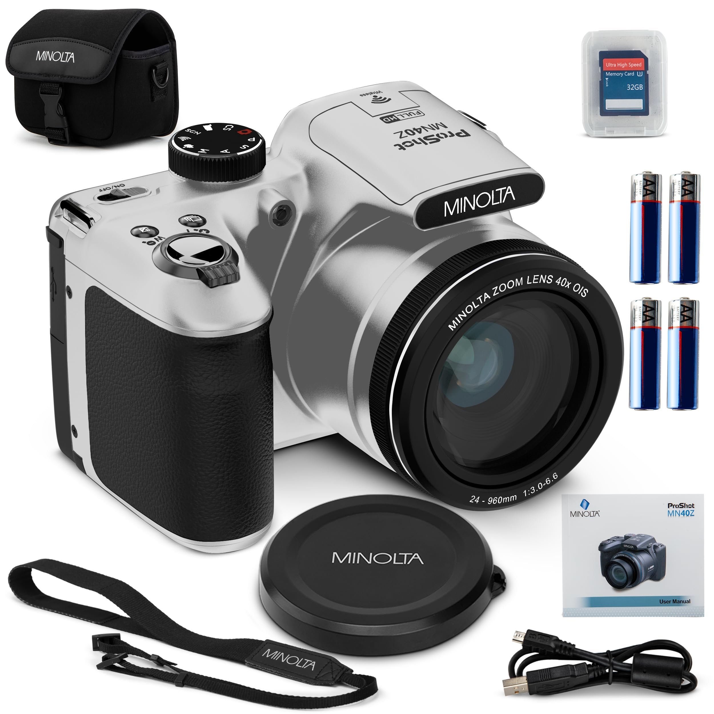 Minolta MN40Z 20MP Digital Camera – 40x Optical Zoom, 1080p FHD Video, 3.0" LCD, Wi-Fi, Face/Smile/Blink Detection – Silver