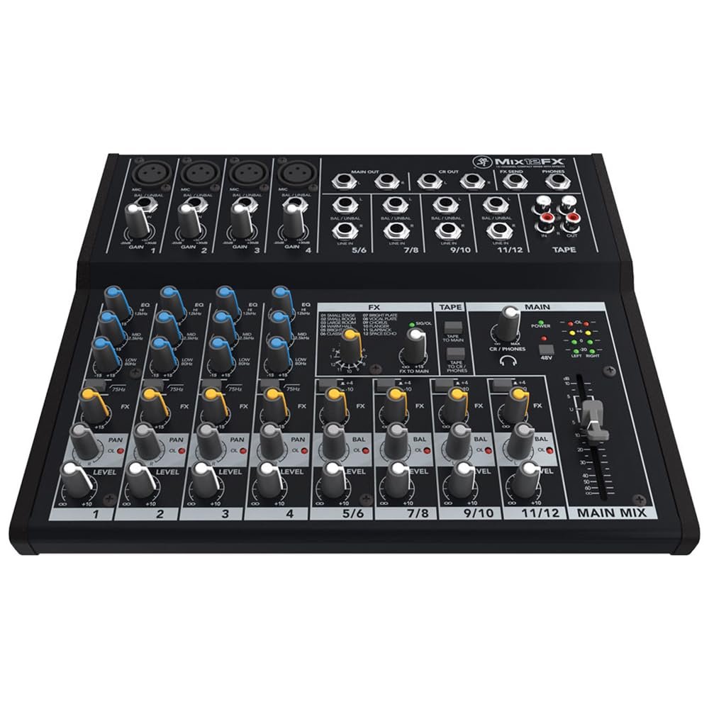 Mackie Mix12FX 12-Channel Compact Mixer with Effects Bundle with 2x Pig Hog 10ft XLR Tour Grade Microphone Cables & Polishing Cloth – Built-In FX, 3-Band EQ, and Stereo RCA I/O