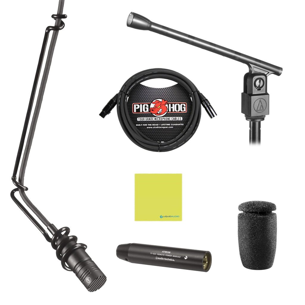 Liquid Audio Audio Technica U853R Cardioid Condenser Hanging Microphone, Black Bundle w/Pig Hog PHM10 8mm XLR Mic Cable Polishing Cloth