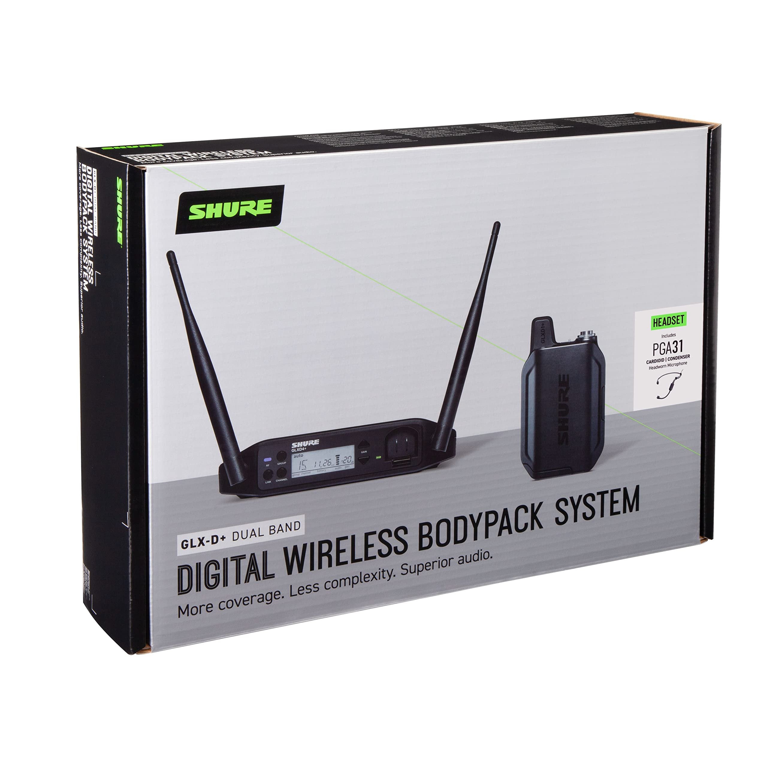 Shure GLXD14+/PGA31 Dual Band Pro Digital Wireless Microphone System - 12-Hour Battery Life, 100 ft Range | PGA31 Headset Mic, Single Channel Receiver (GLXD14+/PGA31-Z3)