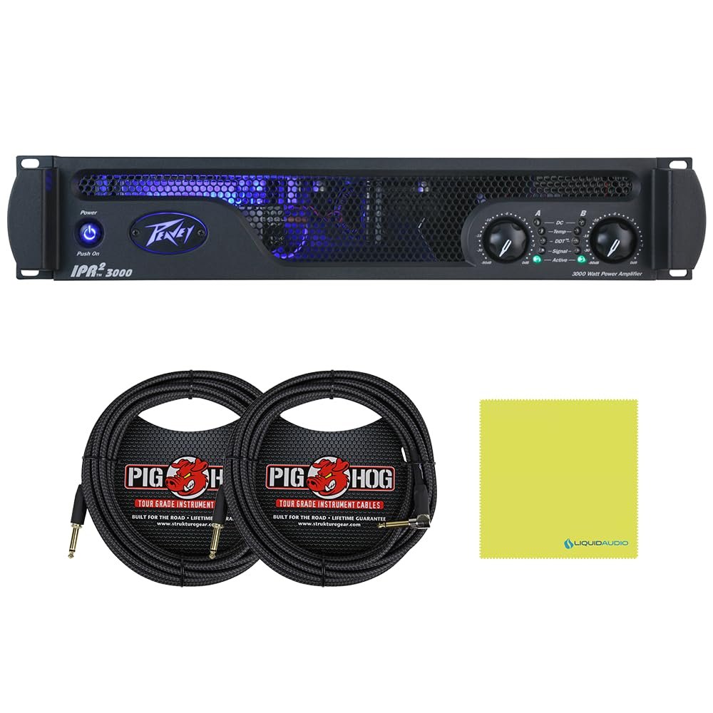 Peavey IPR2 3000 Lightweight Power Amp Bundle with 2x Pig Hog "Black Woven" 20ft Instrument Cable and Instrument Polishing Cloth