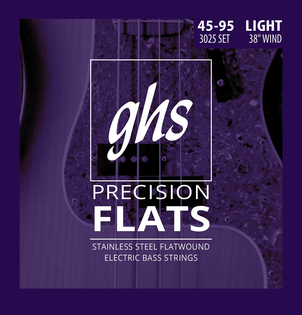GHS Strings 3025 4-String Bass Precision Flats, Stainless Steel Flatwound Bass Strings, 38" Winding, Light (45-95)
