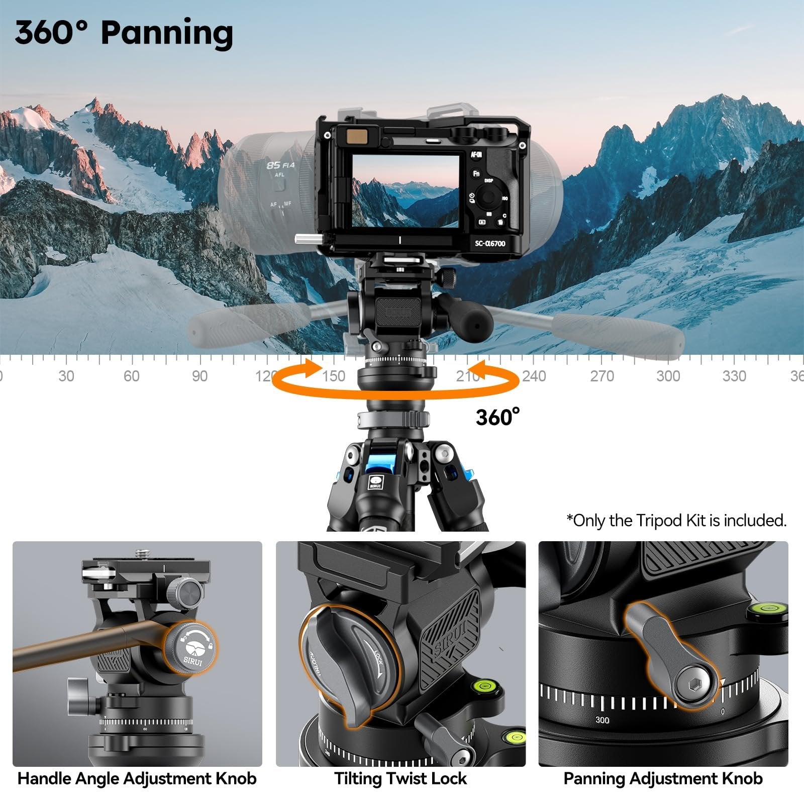 SIRUI Carbon Fiber Travel Tripod with Fluid Head, 60" Lightweight Compact Tripod for Cameras, Quick Mini Flip Locks, Reversible Center Column, Max Load 11lbs (L-224FL+KV-5)