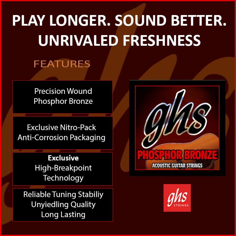 GHS Strings – Phosphor Bronze Acoustic Guitar Strings – Warm, Rich Tone, Balanced & Long-Lasting - For Acoustic, Fingerstyle, Strumming, Country, Rock, S325 Set (L) Light Gauge 13-56, 6 PACK