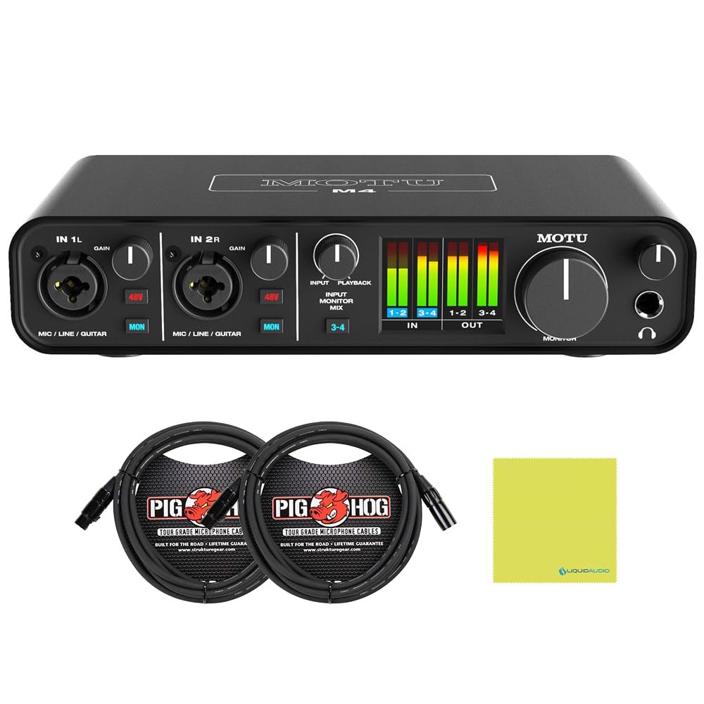 MOTU M4 4x4 USB-C Audio Interface Bundle with 2x Pig Hog 10ft XLR Tour Grade Microphone Cables & Polishing Cloth – 24-bit/192kHz Recording, ESS Sabre32 Ultra DAC