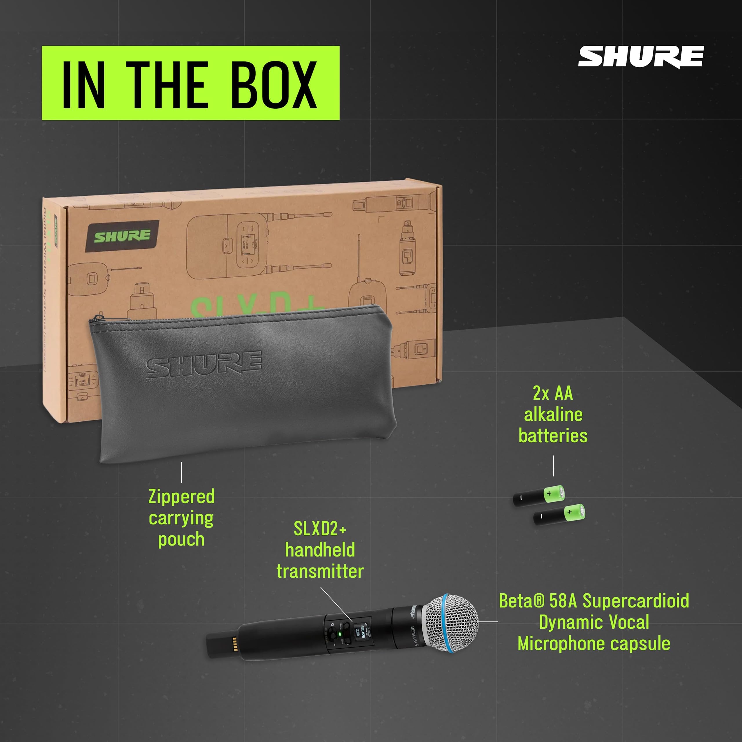 Shure SLXD2+ Handheld Transmitter with Beta58A Capsule - Pro Audio Management, 24-bit Audio, Wide-Tuning Range, ShowLink Control, Automatic Frequency Management, Mobile Configuration, 8-Hour Battery