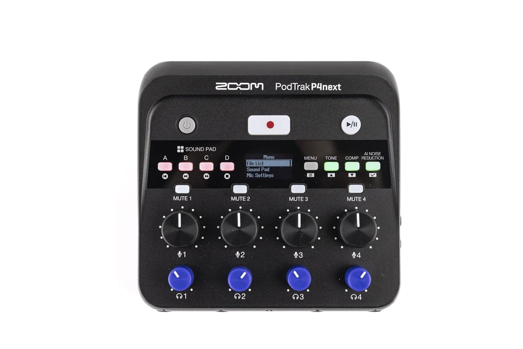 Zoom PodTrak P4next Podcast Recorder, 4 Mic Inputs, 4 Headphone Outputs, Battery Powered, AI Noise Reduction, Sound Pads, Phone Input, USB Audio Interface