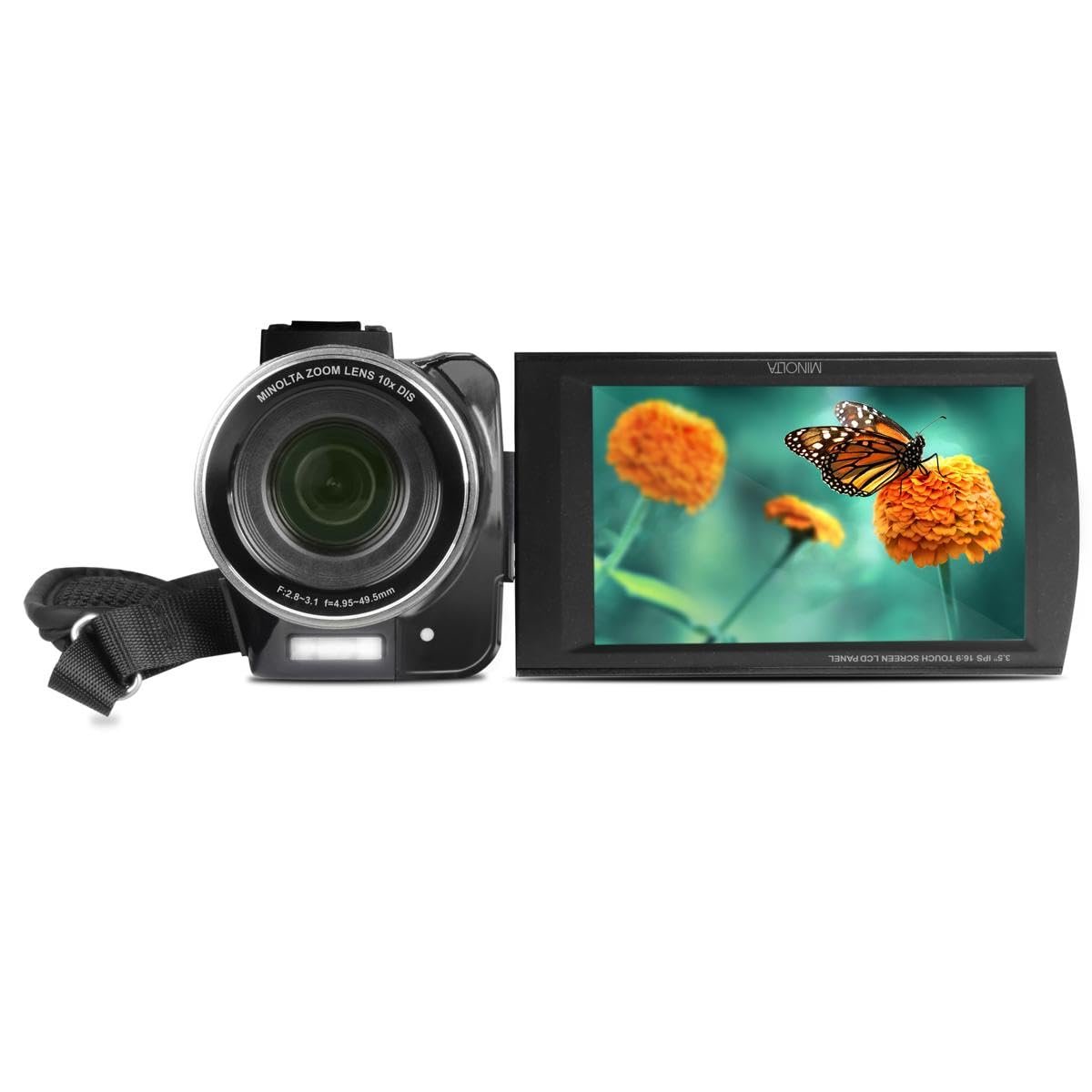 Minolta 4K Ultra HD Camcorder with 3.5-inch Touchscreen – 10x Optical Zoom, 28MP Photos, Digital Stabilizer, Accessory Shoe Mount, Time Lapse, Face Detection, 32GB Card, Remote Control (Black)