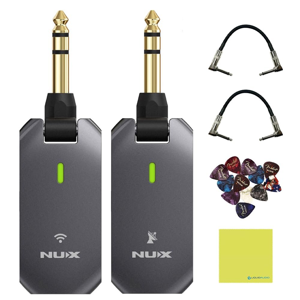 NUX Guitar Wireless System (C-5RC 5.8GHz) for Active/Passive Pickup Guitar with Charging Case Bundle with 2x Strukture S6P48 Woven Right Angle Patch Cables, 12x Fender Guitar Picks & Polishing Cloth