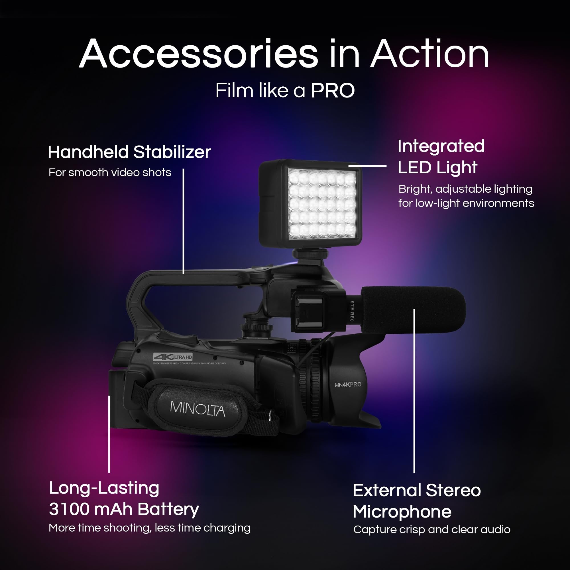 Minolta 64MP Autofocus Video Camera with Microphone & Video Light, 4" Touchscreen, 4K Ultra HD Video, 18x Digital Zoom, WiFi, Stabilizer, 32GB Card, 3100mAh Battery, Carrying Bag (Black)