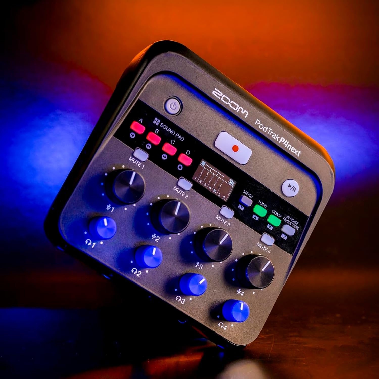 Zoom PodTrak P4next Podcast Recorder, 4 Mic Inputs, 4 Headphone Outputs, Battery Powered, AI Noise Reduction, Sound Pads, Phone Input, USB Audio Interface