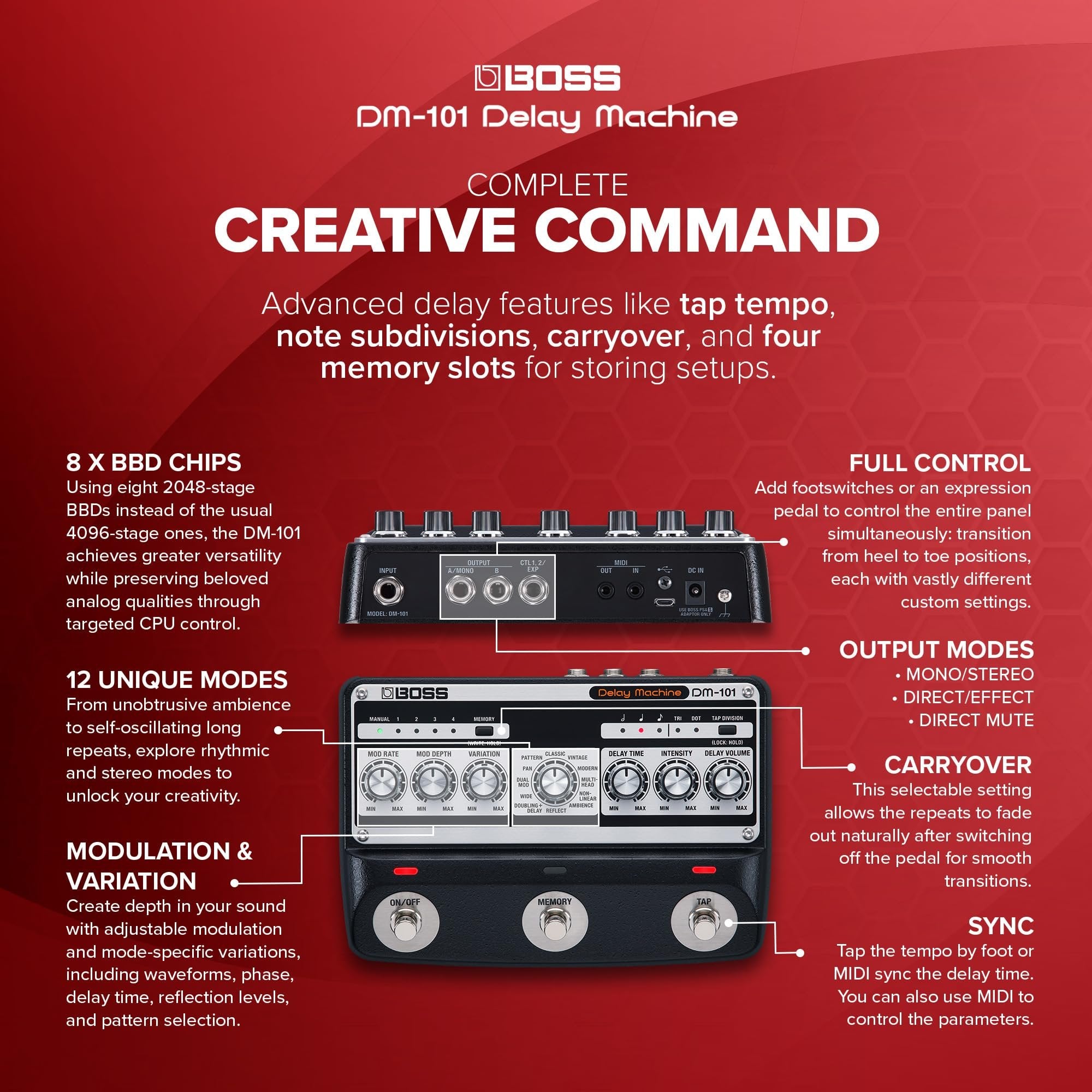 BOSS DM-101 Delay Machine | Ultimate Analog Delay Pedal with Advanced Technology | Warm, Saturated & Highly Musical Tone | 12 Unique Modes | Stereo Operation | 127 User Memories | MIDI I/O