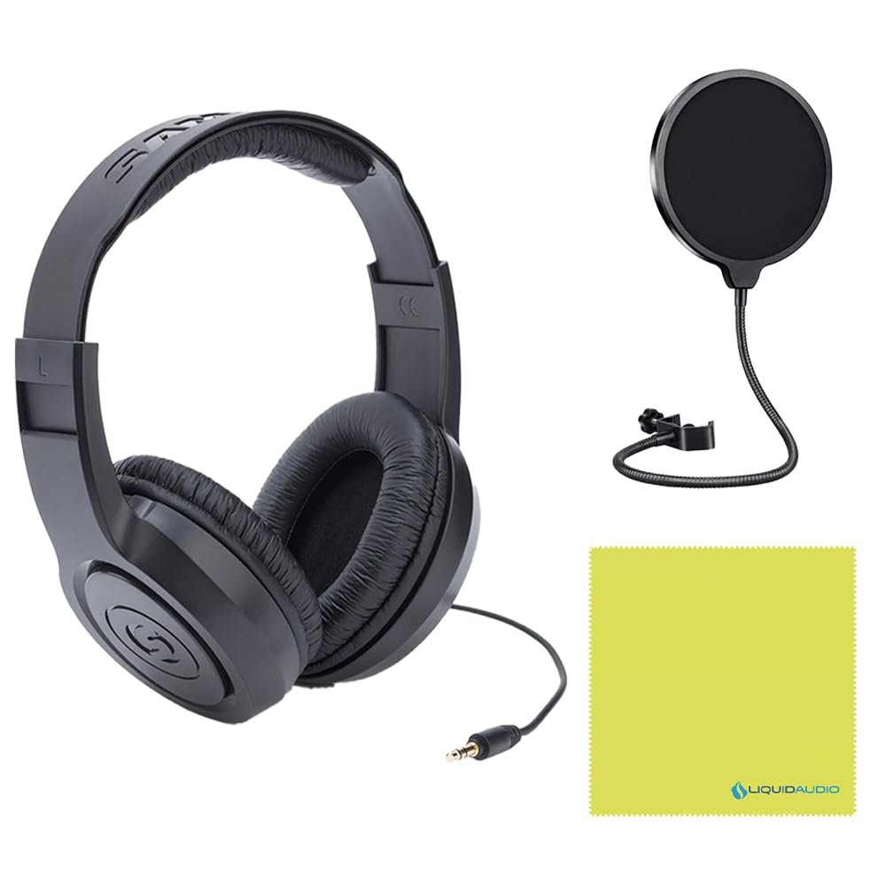 Liquid Audio Samson G-Track Pro Professional USB Microphone with Audio Interface Bundle w/Samson SR350 Over-Ear Stereo Headphones, Pop Filter Polishing Cloth