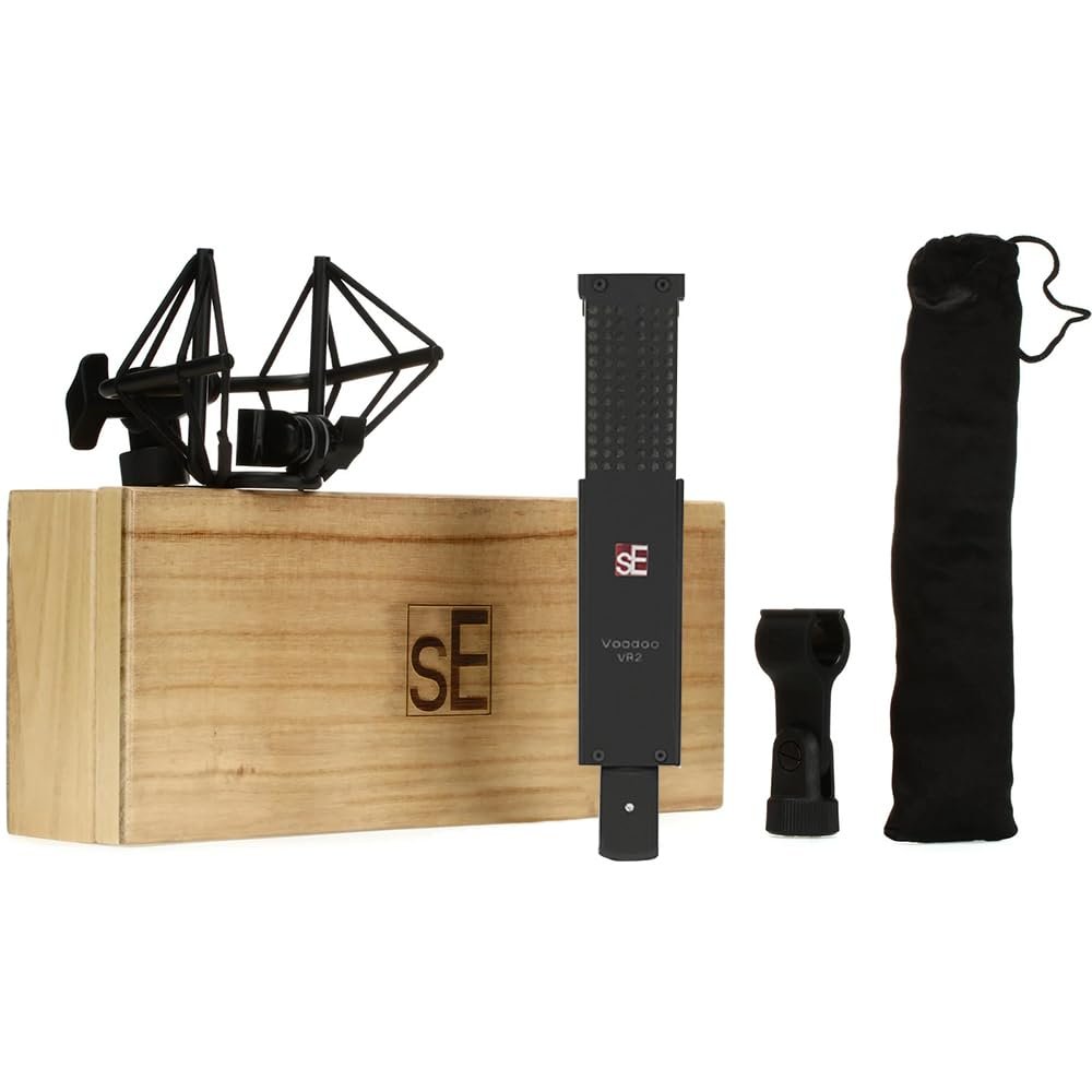 SE Electronics VR2 Voodoo Active Ribbon Microphone Bundle with 10ft Pig Hog XLR Mic Cable & Polishing Cloth – Includes Shockmount & Case, Ultra-High-Frequency Response, Smooth & Detailed Ribbon Tone