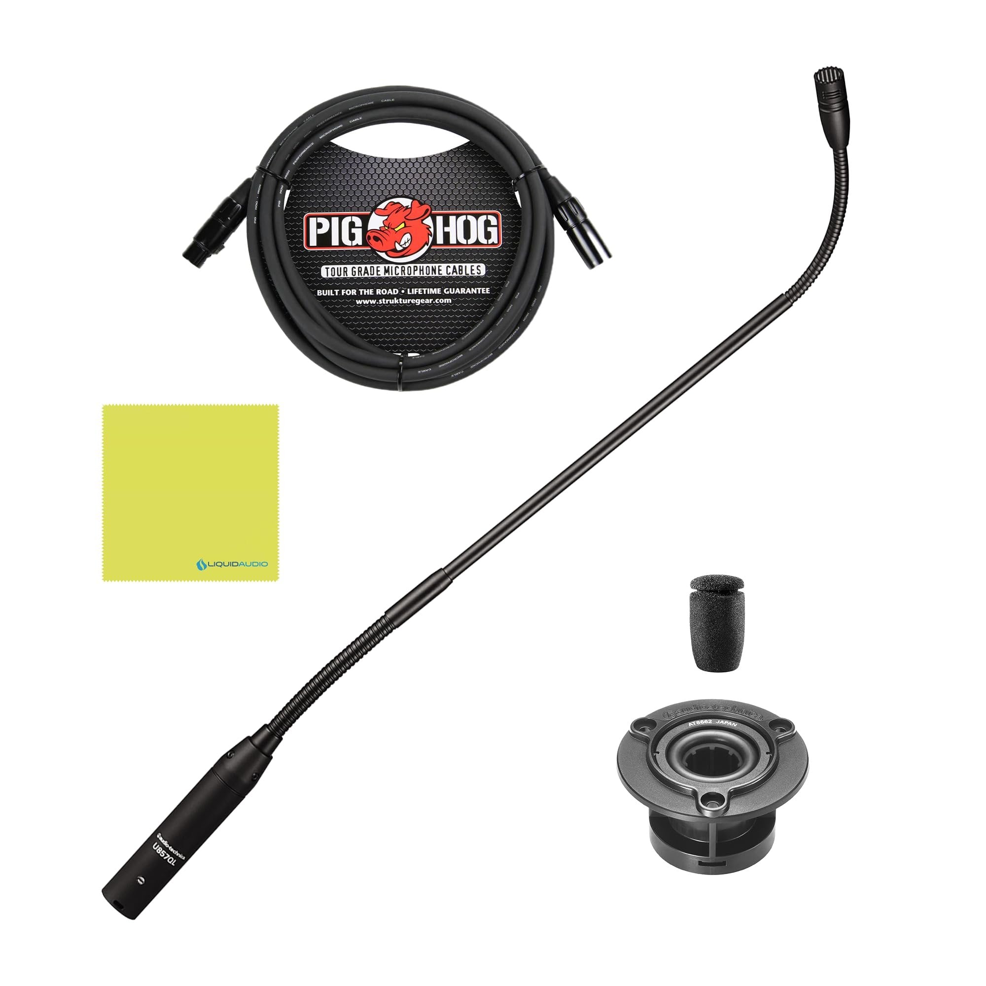 Liquid Audio Audio Technica U857QL Cardioid Condenser Quick-Mount Gooseneck Microphone Bundle w/Pig Hog PHM10 8mm XLR Mic Cable Polishing Cloth