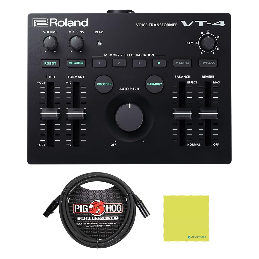 Roland VT-4 Vocal Transformer Bundle with 10ft Pig Hog Microphone Cable & Polishing Cloth – Voice Effects Processor with Pitch Control, Harmony, Formant Shaping & Compact Performance Design