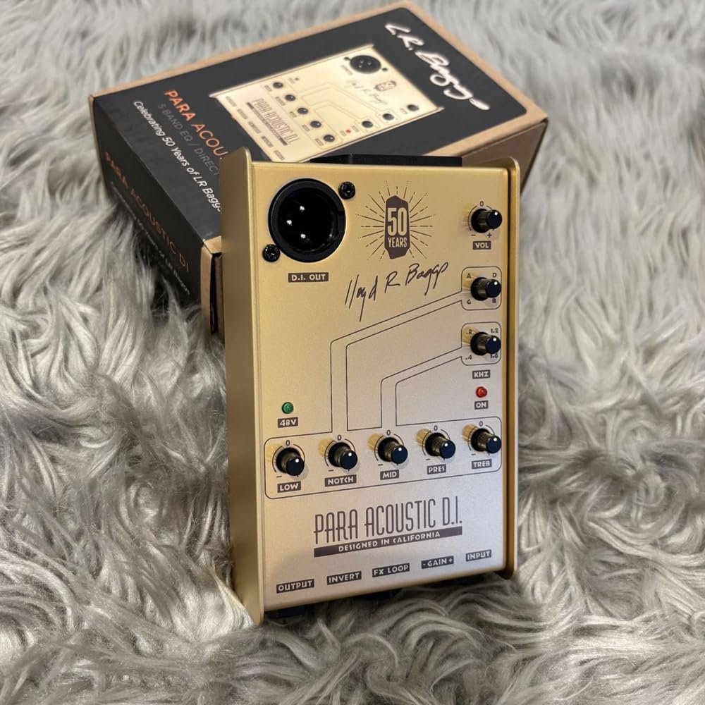 LR Baggs para DI Acoustic Guitar Preamp – Gold Bundle with 12 Guitar Picks & Polishing Cloth – 5-Band EQ, Notch Filter, DI Out, Phase Inversion, FX Loop, 50th Anniversary Edition