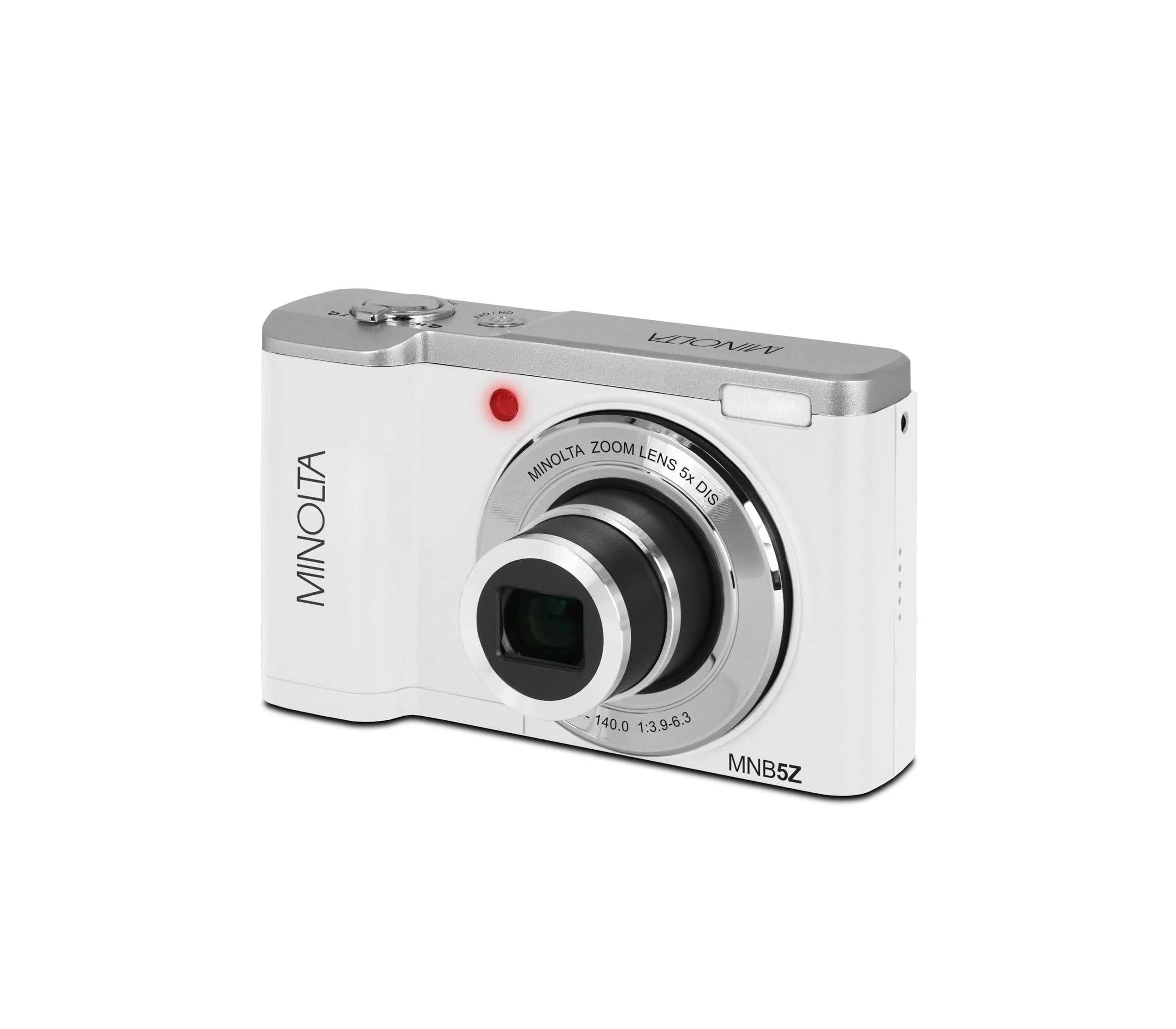 Minolta 56MP Dual Lens Digital Camera – 5X Optical Zoom, 5K Ultra HD Video, CMOS Sensor, 2.8-inch LCD Screen, Stabilization, Selfie Lens, 32GB Card, Rechargeable Battery (White)