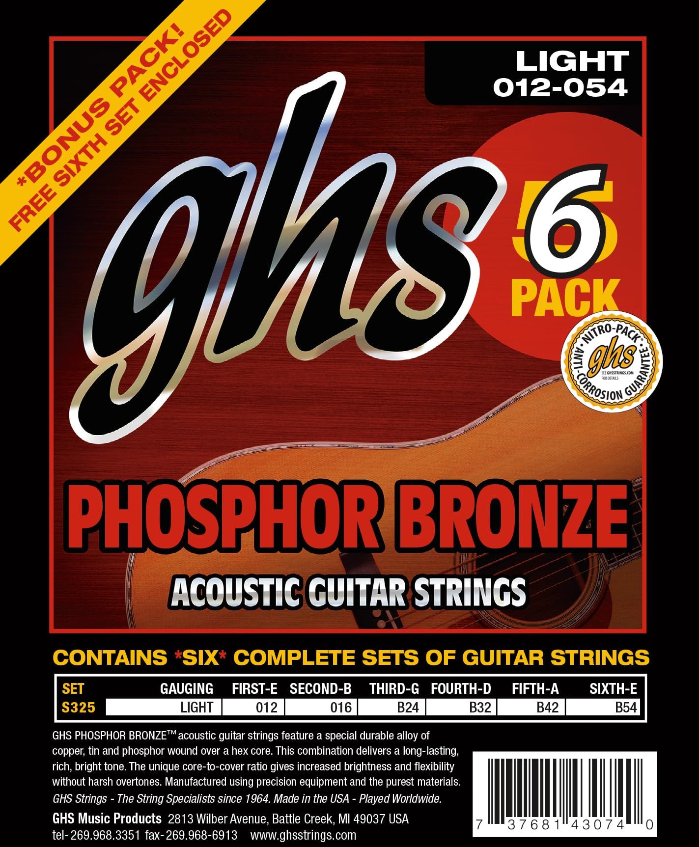 GHS Strings – Phosphor Bronze Acoustic Guitar Strings – Warm, Rich Tone, Balanced & Long-Lasting - For Acoustic, Fingerstyle, Strumming, Country, Rock, S325 Set (L) Light Gauge 13-56, 6 PACK