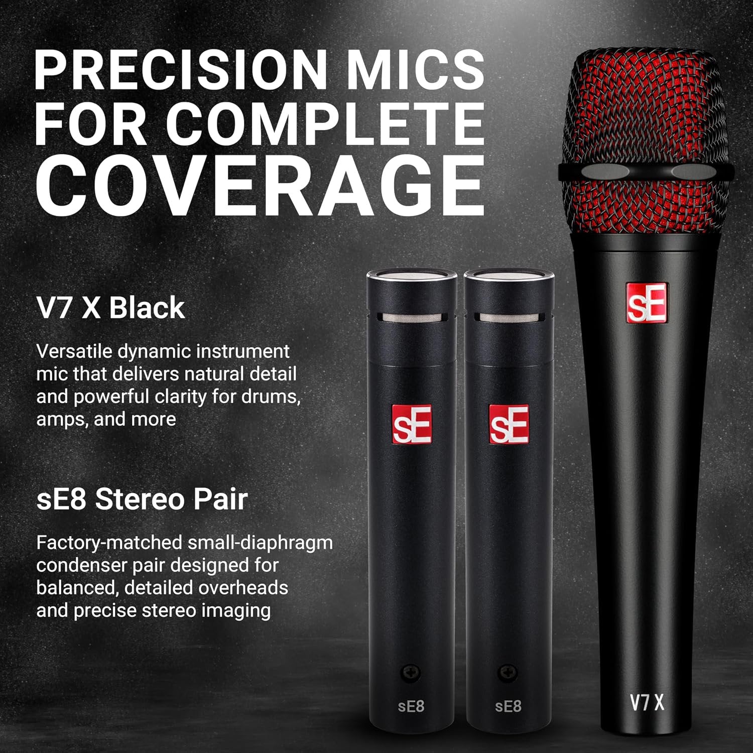 SE ELECTRONICS V Pack Arena Black Drum Mic Kit for Toms, Snares & Bass Drums - Includes 1 V Kick, 3 V Beats, 3 V Clamps, 1 V7 X Instrument Microphone, 2 sE8 Condensers & More