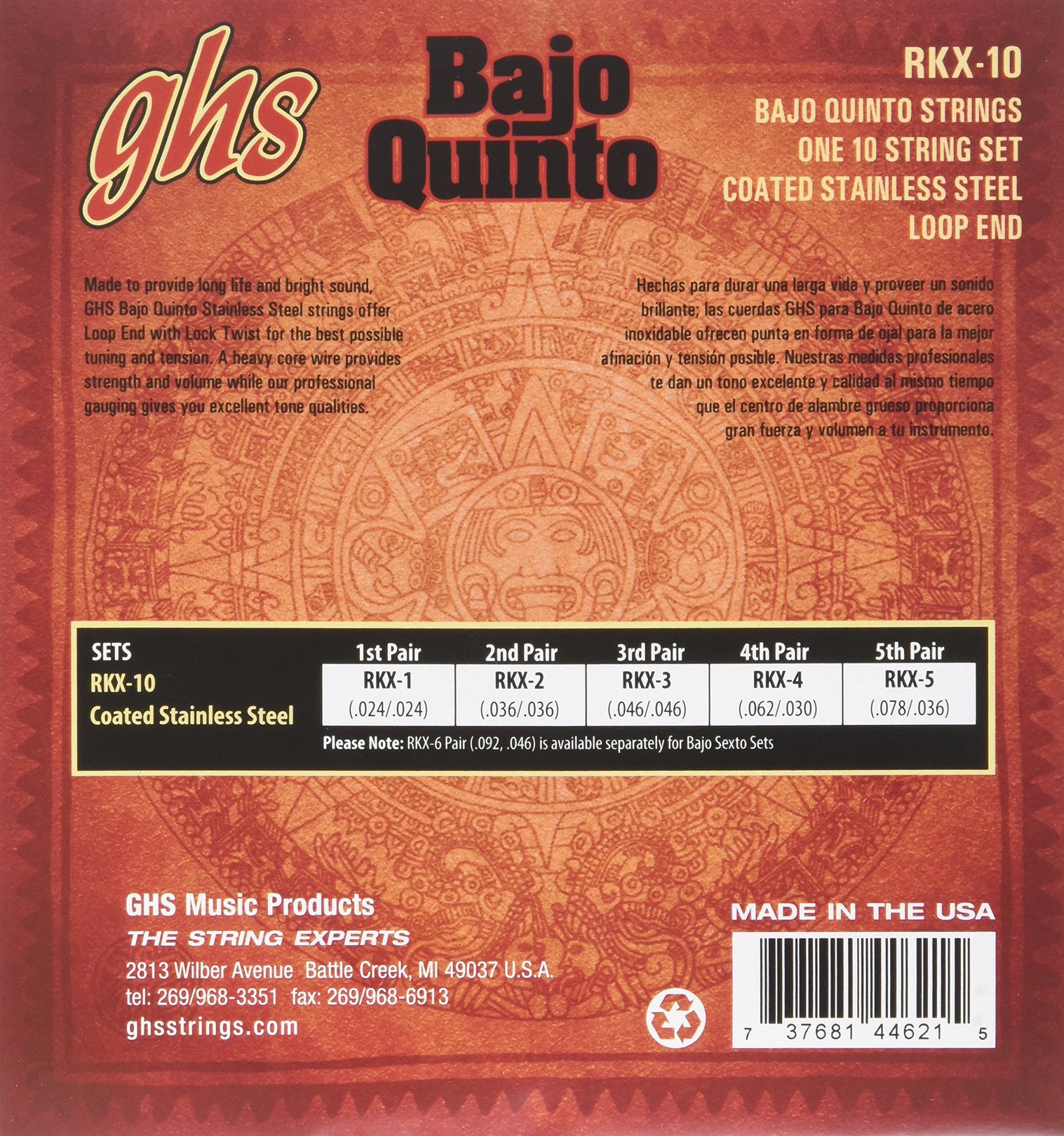 GHS Strings RKX-10 RED COATED STAINLESS STEEL BAJO QUINTO Strings, Loop End - Cuerdas Rojas