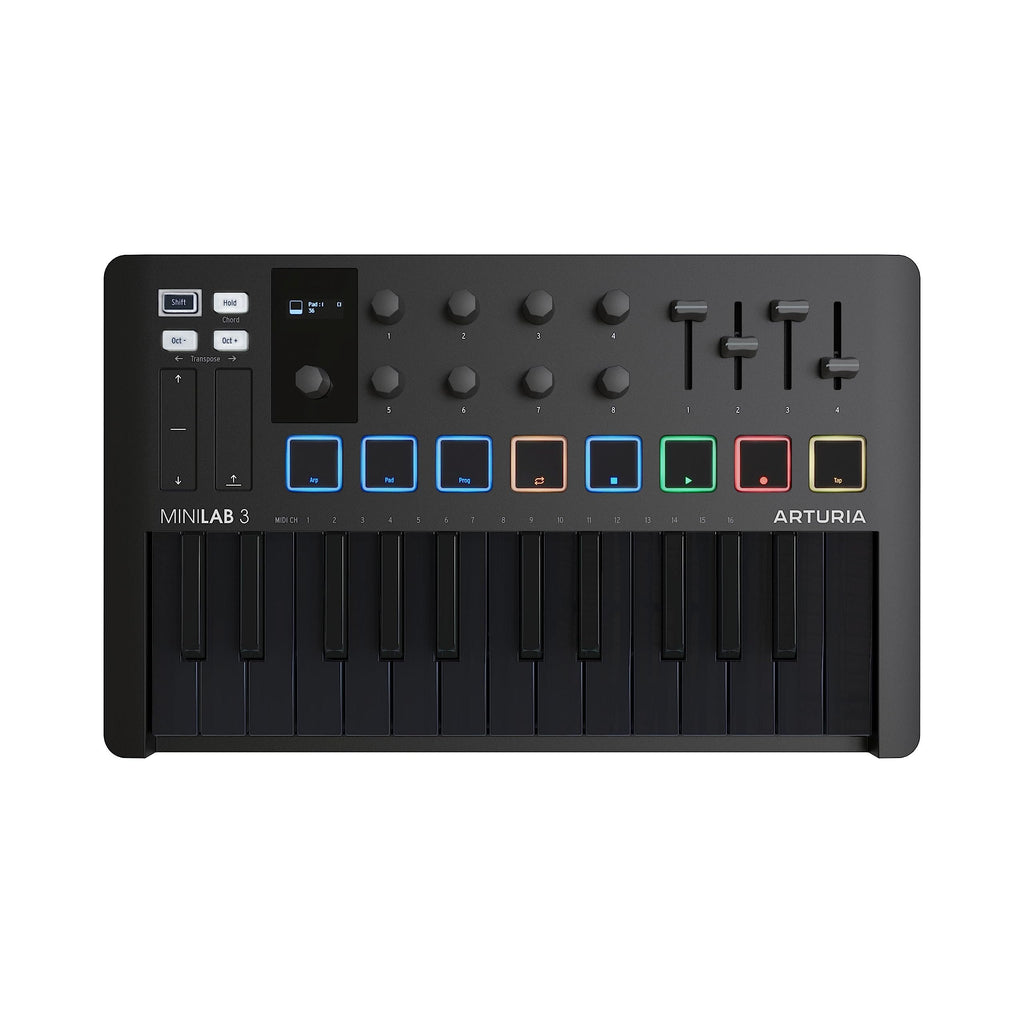 Arturia MiniLab 3, 25 Slim-Key USB-C Midi Controller with 5-Year Warranty, 8 Backlit LED Pads, 8 Knobs, 4 Faders, Midi Out, Built-in Arpeggiator, Chord mode and Software Bundle