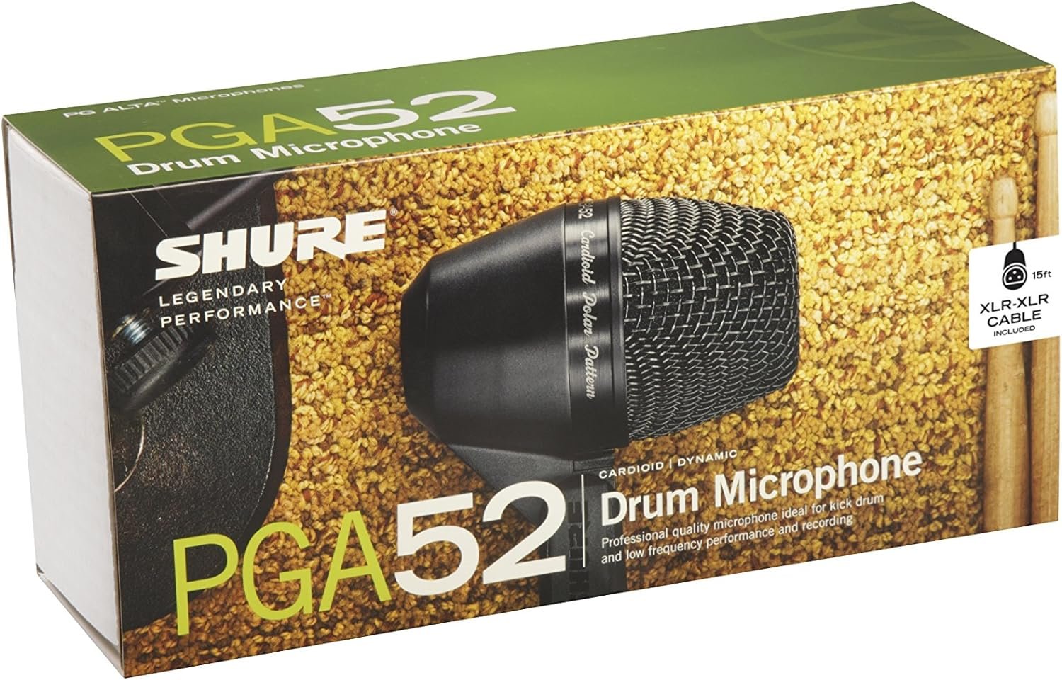 Shure PGA52 Dynamic Microphone - Swivel-Mount Kick-Drum with Cardioid Pick-up Pattern, No Cable (PGA52-LC)