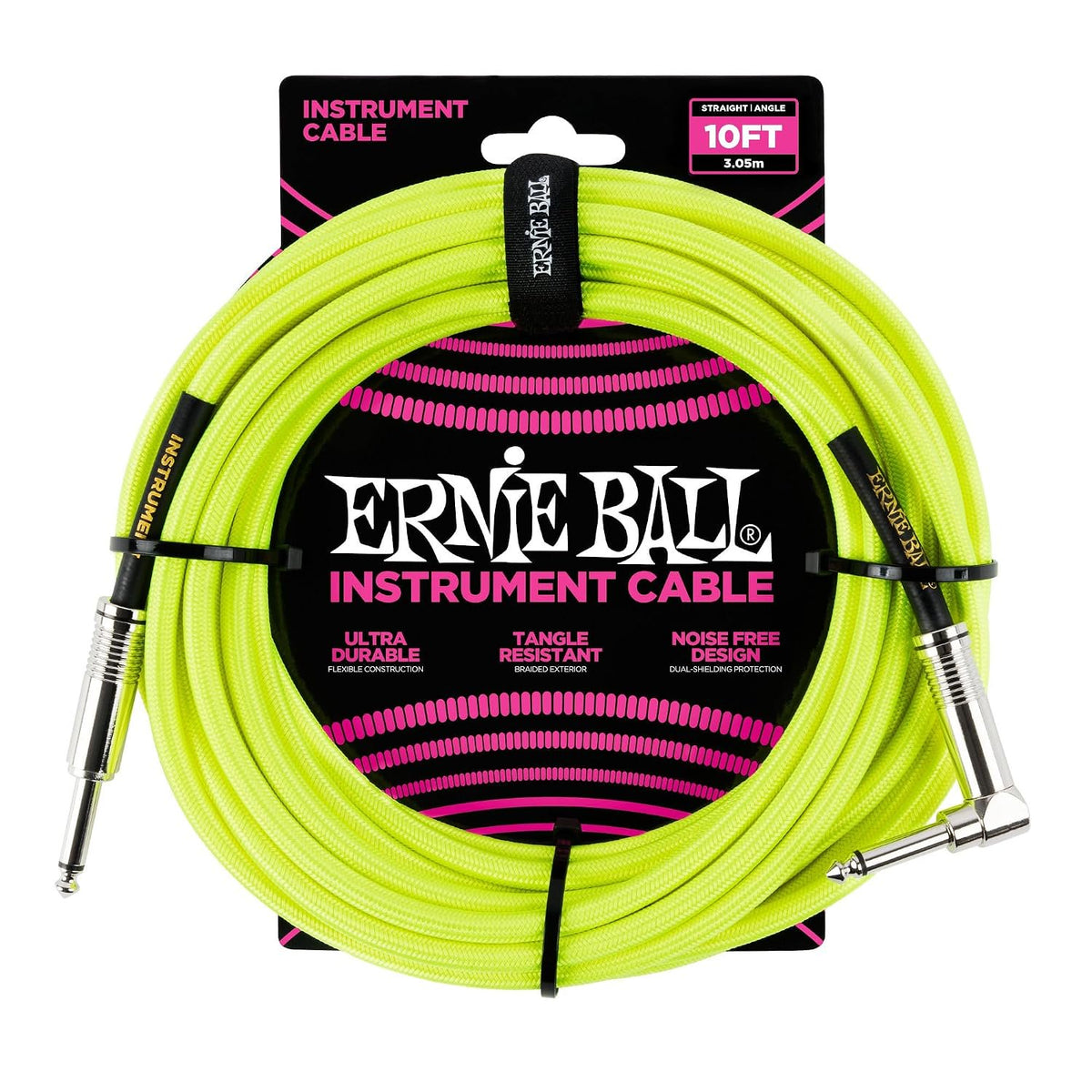 Ernie Ball Braided Instrument Cable, Straight/Angle, 10ft, Neon Yellow (P06080)