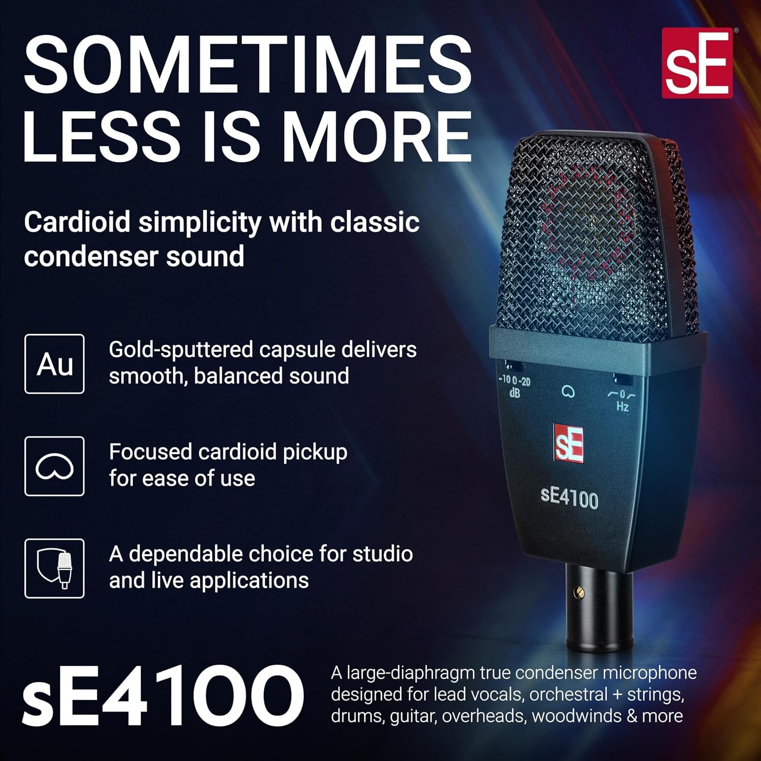 SE ELECTRONICS sE4100 Large Diaphragm Condenser Microphone with Gold Capsule, Cardioid Pickup Pattern, Pads & Low-Cut Filters & Shockmount - Professional Studio Recording Microphone (Matched Pair)