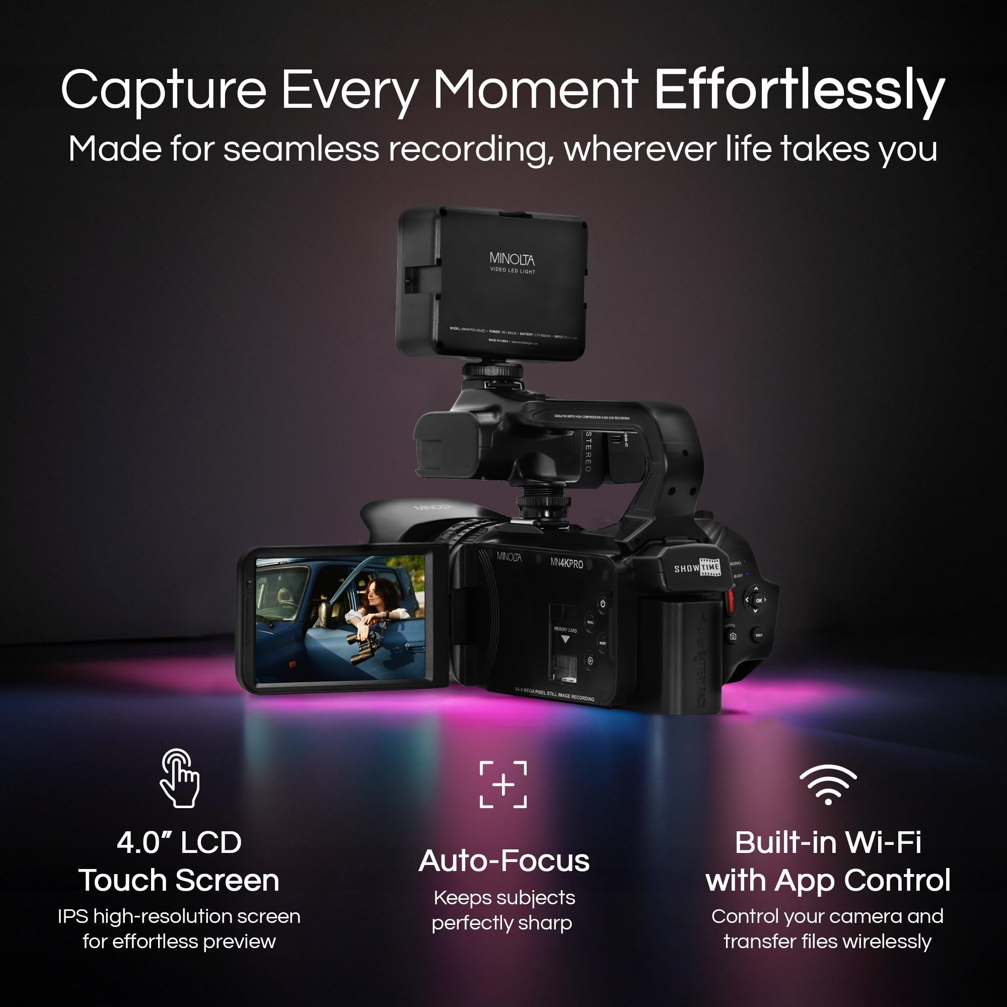 Minolta 64MP Autofocus Video Camera with Microphone & Video Light, 4" Touchscreen, 4K Ultra HD Video, 18x Digital Zoom, WiFi, Stabilizer, 32GB Card, 3100mAh Battery, Carrying Bag (Black)