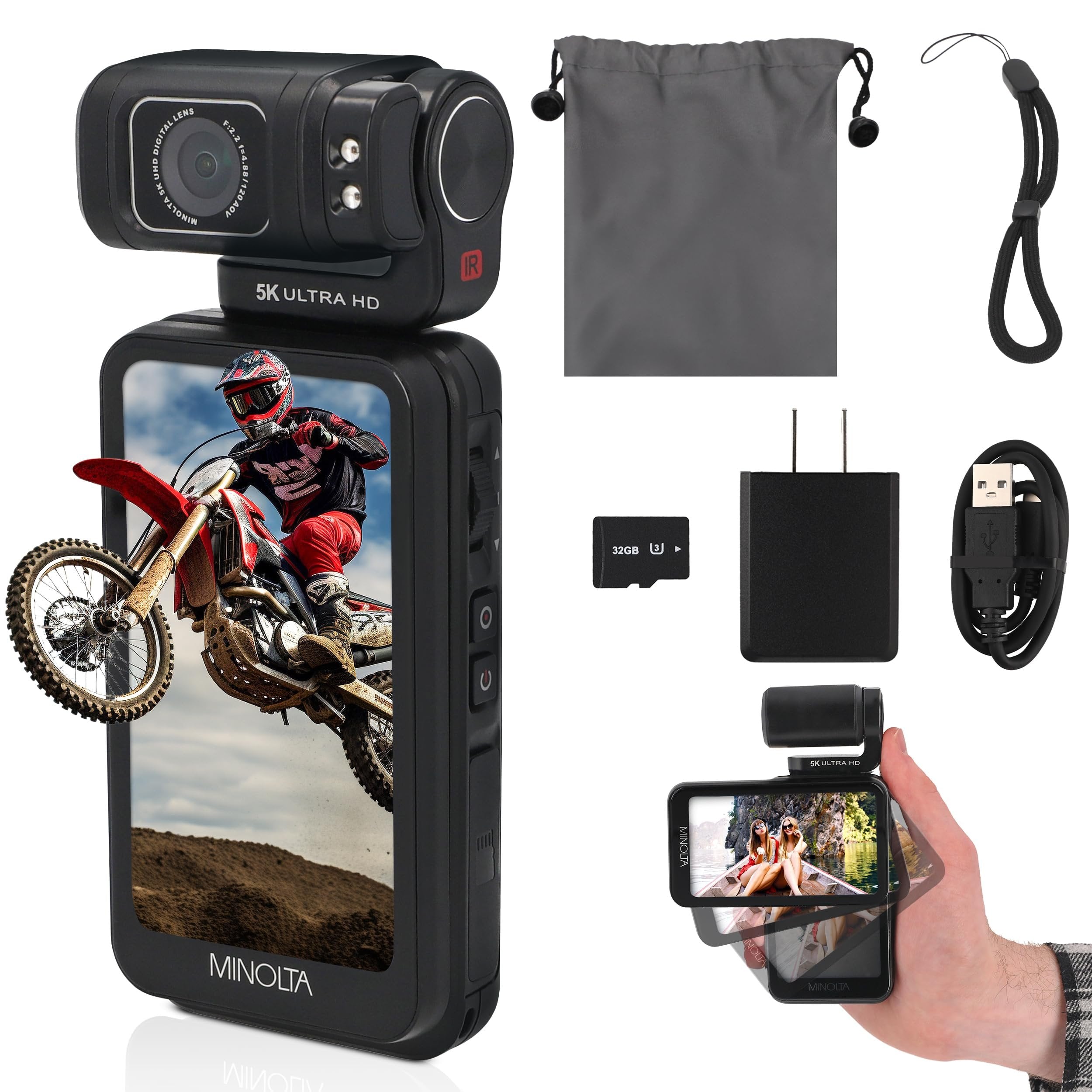 Minolta Pocket Camcorder – 5K Ultra HD Video, 4K at 60fps, 20MP Photos, Night Vision, Motorized 180° Tilting Lens, 3.5” Touchscreen, Wi-Fi, App Control, Infrared Sensor, Compact, Gimbal-Style