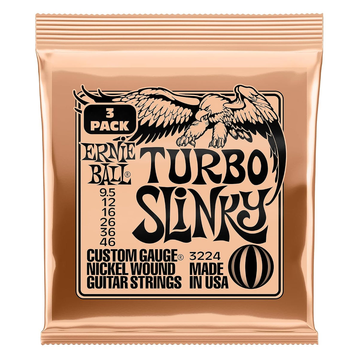 Ernie Ball Turbo Slinky Nickel Wound Electric Guitar Strings 3-pack, 9.5-46 Gauge (P03224)